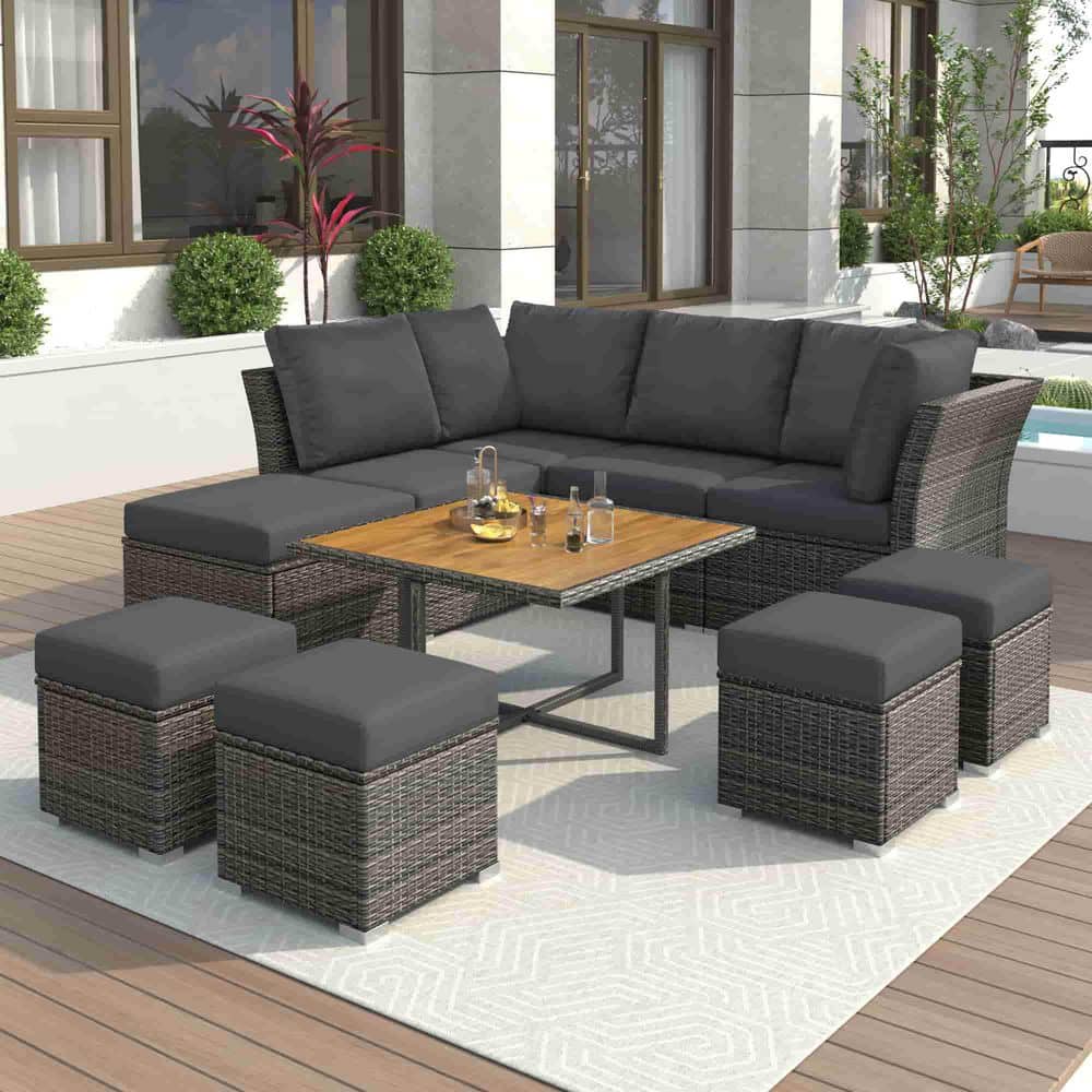 10-Piece Wood Outdoor Sectional Set with Cushion Guard Beige Neutral Cushio