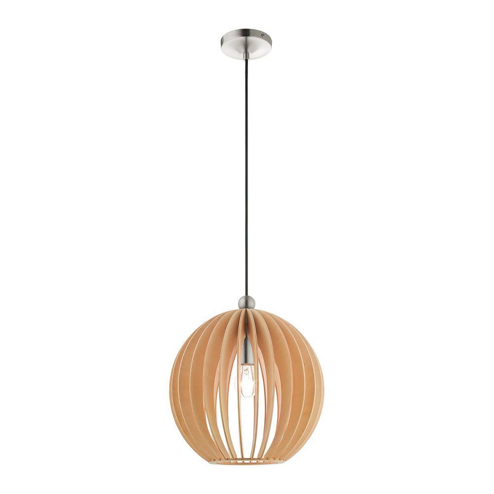 Mini Globe Brushed Nickel Pendant with Round Wood Shade