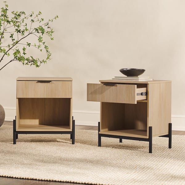 Modern Reeded Coastal Oak 1-Drawer Wood and Metal 22 in. W Exposed Leg Nightstand (Set of 2)
