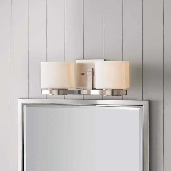 Hampton Bay Aldridge 2-Light Brushed Nickel Vanity Light with Etched White Glass Shades