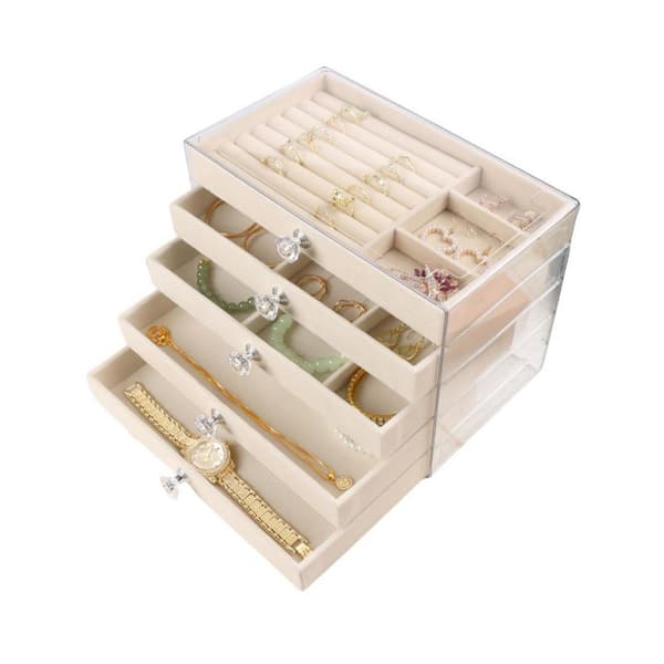 Beige acrylic jewelry box organizer with 5 velvet-lined drawers, stackable for display.