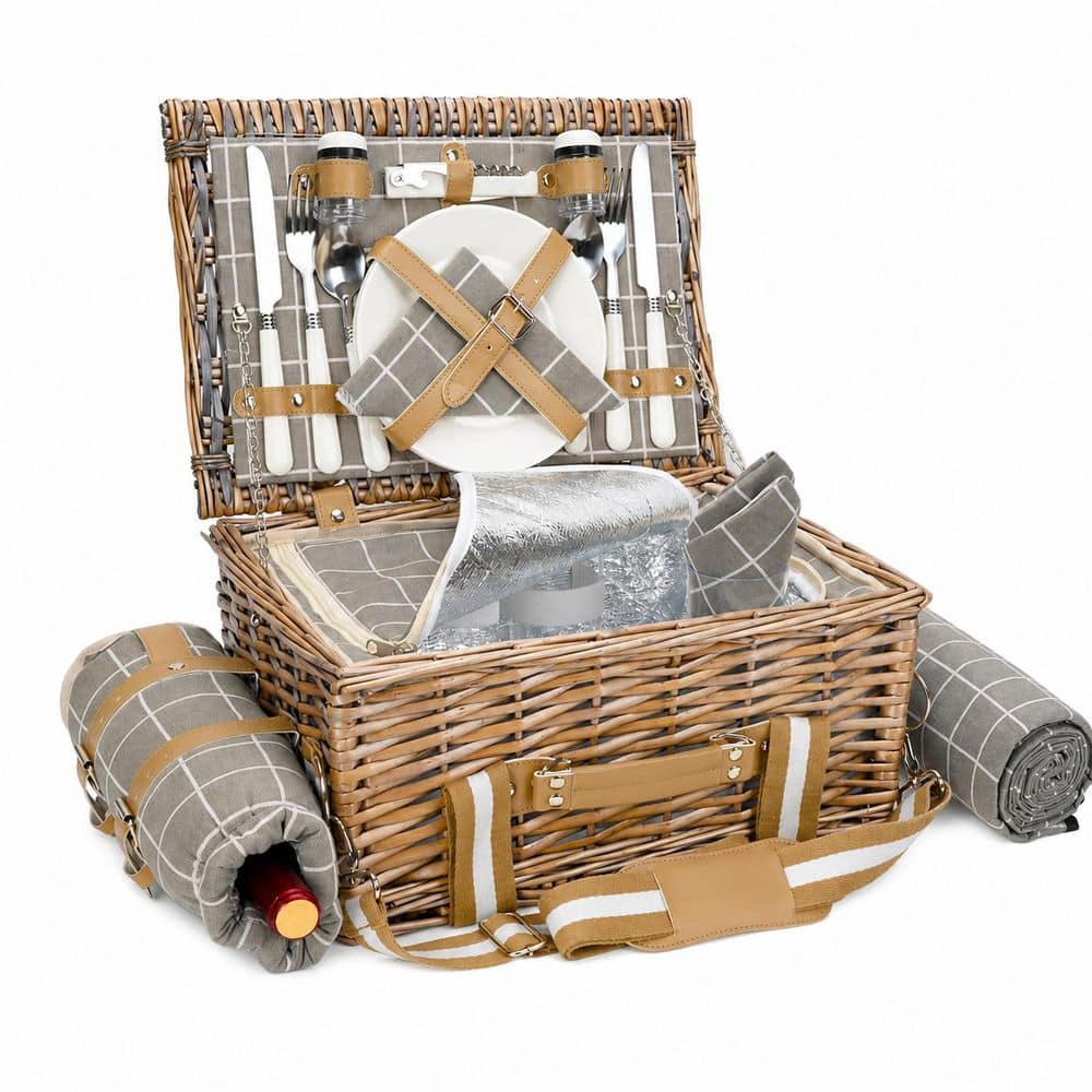 19-Piece Grey Check Willow Picnic Basket Set for 2 with Blanket, Insulated Cooler and Removable Wine Bag price history on PriceWatchPro