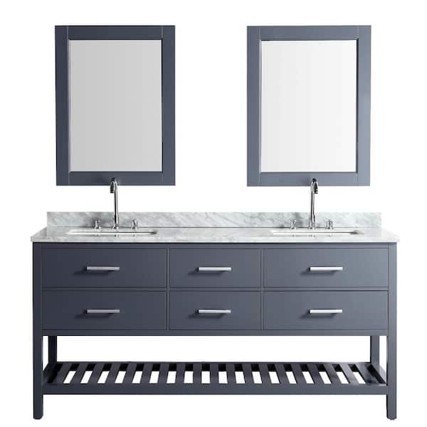 Design Element London 72 in. W x 22 in. D Vanity in Gray with Marble Vanity Top in Carrera White with White Basin and Mirror