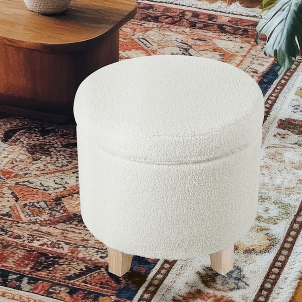 Cream Faux Sheepskin Round Storage Ottoman