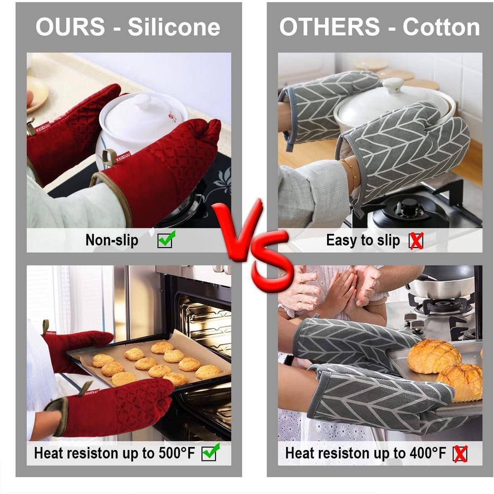 Red Heat-Resistant Silicone Oven Mitts and Pot Holders Set