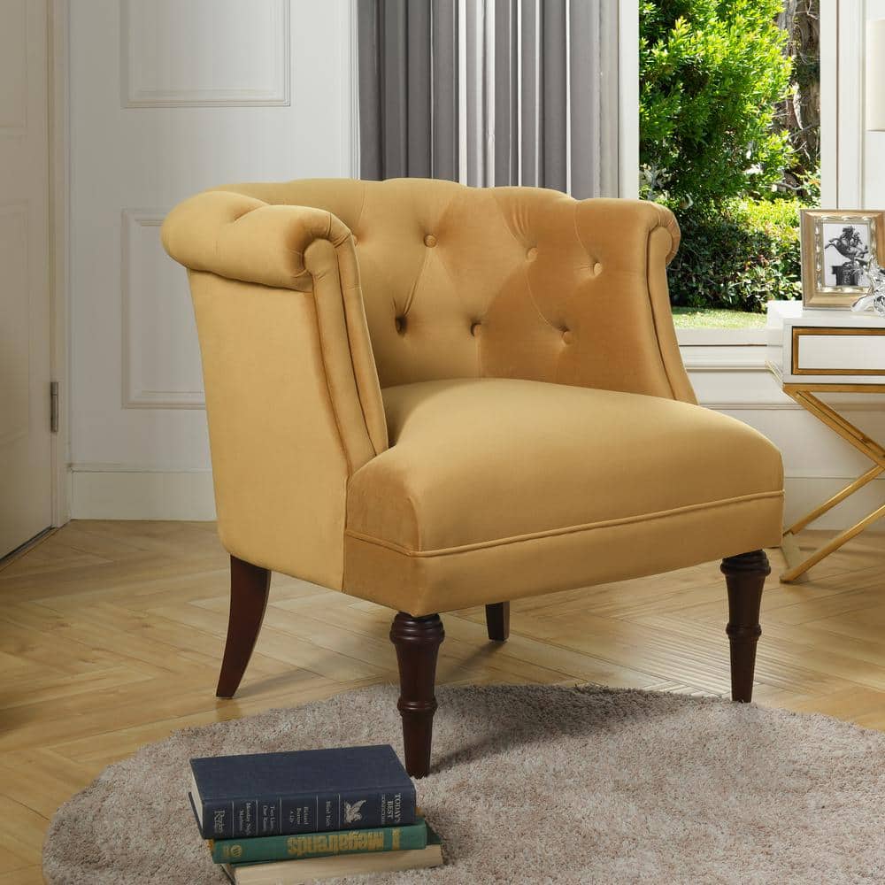 Gold Velvet Barrel Accent Chair with Wood Frame