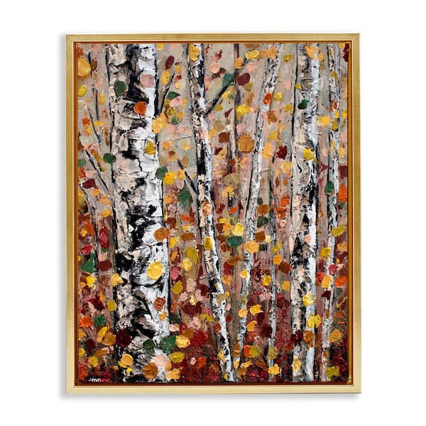Stupell Industries Autumn Birch Trees Abstract Leaves by Jen Seeley 1-Piece Gold Floater Frame Nature Graphic Art Print 17 in. x 21 in.