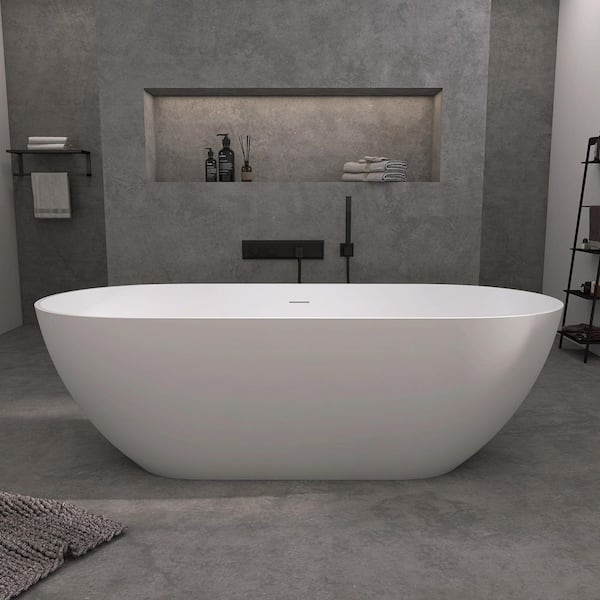 Dos 59 in. x 29.5 in. Solid Surface Stone Resin Flat Bottom Free Standing Soaking Bath Tub Freestanding Bathtub in White