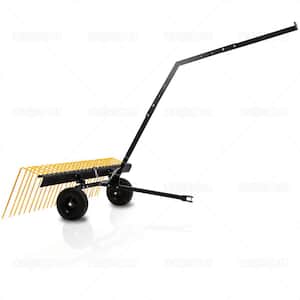 60 in. Heavy-Duty Durable Steel Handle Landscape Pine Straw Rake with Lift Handle Wheels 17 Spring Steel Hitch for ATV