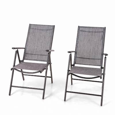 Grey Metal Outdoor Patio Dining Chairs Folding Reclining Sling Chairs 7 Levels Adjustable (2-Pack)