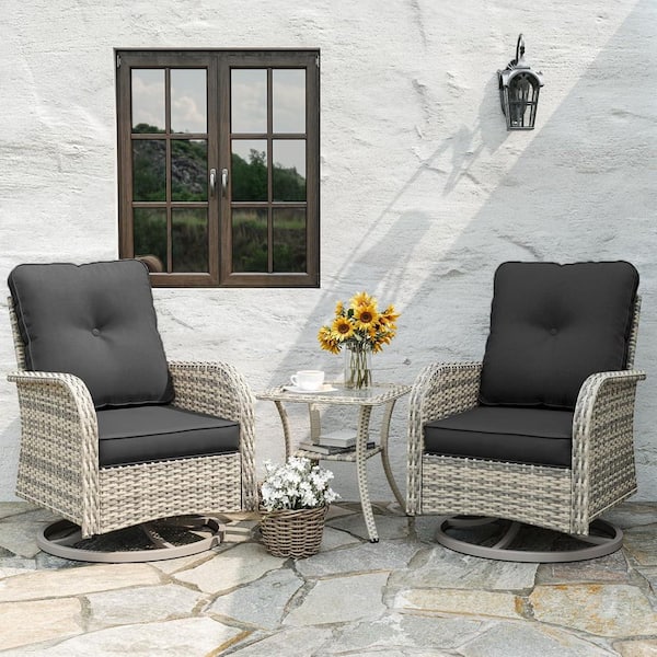 muphyers 3-Piece Wicker Swivel Outdoor Rocking Chair with Cushion Dark Grey (2pc Chair & 1 Side Table)