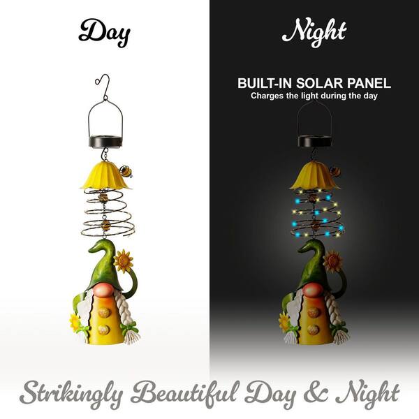 G128 Decor Metal Solar Green Hat Garden Gnome Wind Chime OD