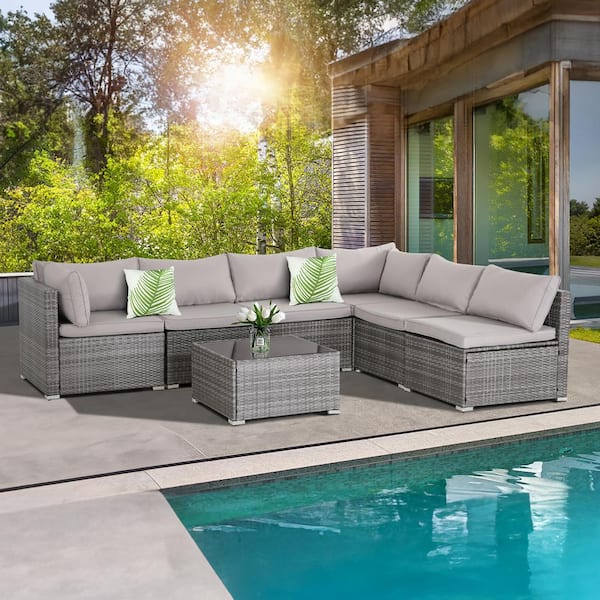 MIRAFIT Gray Wicker 7-Piece Patio Rattan Furniture Set Cushioned Sofa Chair With Gray Cushions