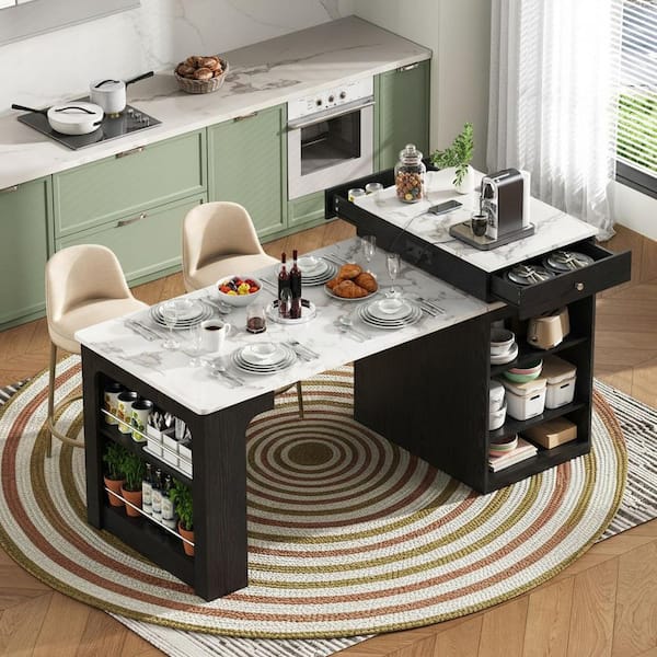 Runesay Modern Black Wood 59.5 in. Power Outlet Kitchen Island