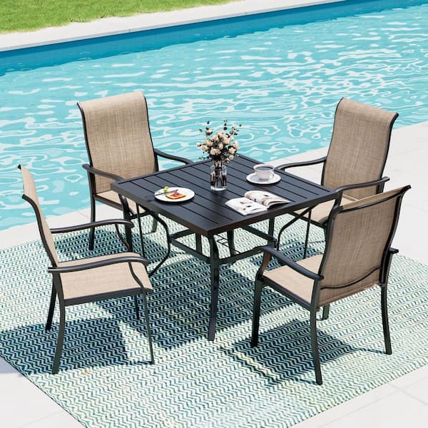 PamaPic Beige 5-Piece Metal Outdoor Patio Dining Set with 4 Textilene Chairs and Square Table