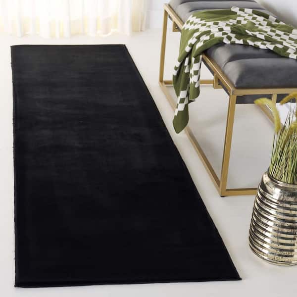 Faux Rabbit Fur Black 2 ft. x 6 ft. Machine Washable Solid Flokati Runner Rug