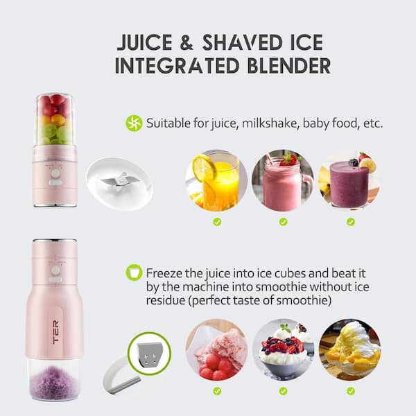 5W 20 oz. Stainless Steel Masticating Juicer with Ice Machine, Cordless Electric, Rechargeable, BPA Free, in Pink