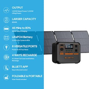 1000W Continuous/2000W Peak Output Power Station AC70P Push Button Start LiFePO4 Battery Generator + 200W Solar Panel