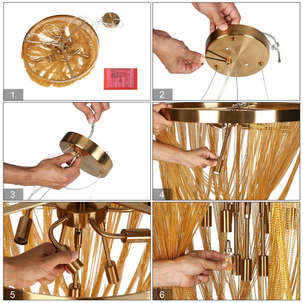 Glamorous Brass and Crystal 9-Light Chandelier with Gold Fringe