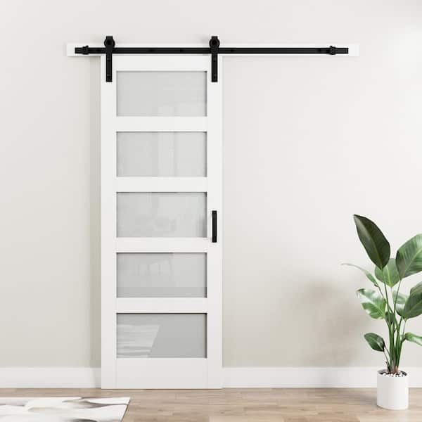 30 in. x 96 in. 5-Lites with Frosted Glass White MDF Sliding Barn Door with Hardware Kit (Soft Close Include)