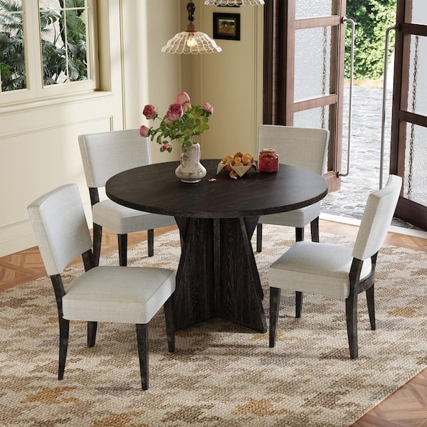5-Piece Round Espresso Wood Top Dining Table Set with 4 Upholstered Chairs