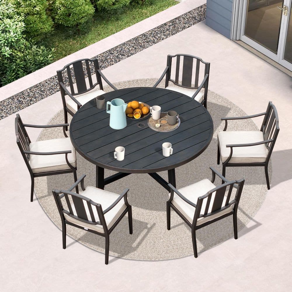 Tamarin 7-Piece Aluminum Outdoor Dining Set with Sunbrella Echo Dune Cushions, Round Dining Table and 6 Dining Armchairs price history on PriceWatchPro