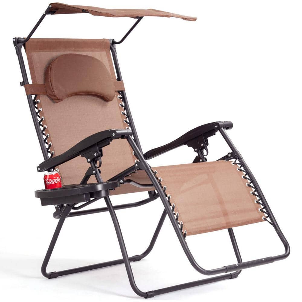 Folding Metal Outdoor Lounge Chair in Coffee with Shade Canopy Cup Holder