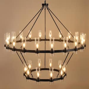 Farmhouse Chandelier 60 in. 30-Light Black Wagon Wheel Chandelier for Dining Room, Foyer, Living Room, Staircase