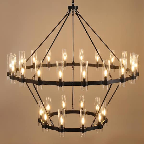 YUYI Farmhouse Chandelier 60 in. 30-Light Black Wagon Wheel Chandelier for Dining Room, Foyer, Living Room, Staircase