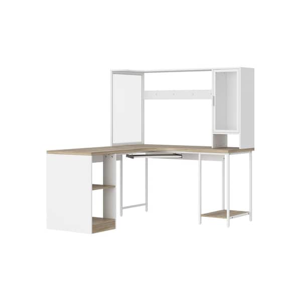 FUFU&GAGA 63 in. W L-Shape White Multi-Color Wooden No Drawer Writing Desk, Computer Desk 5-Shelf, Keyboard Tray and Glass Top