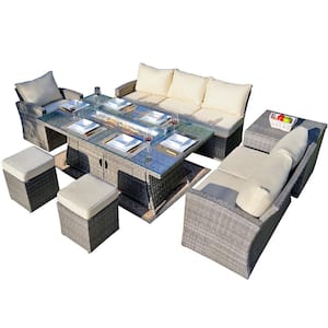 Andrea Gray 7-Piece Wicker Patio Fire Pit Conversation Sofa Set with Beige Cushions