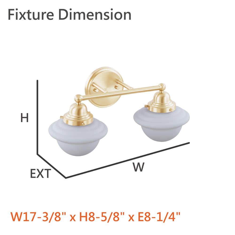 Warm Brass 2-Light Vanity Fixture with White Glass Shades