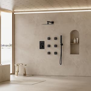 Thermostatic 7-Spray 12 in. Wall Mount Dual Shower Head and Handheld Shower in Matte Black (Valve Included)