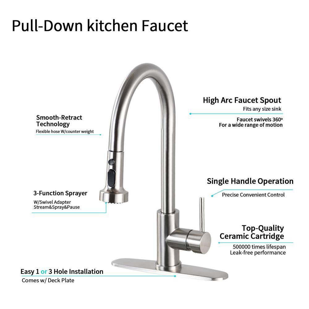 Brushed Nickel High-Arc Pull Down Kitchen Faucet with Soap Dispenser