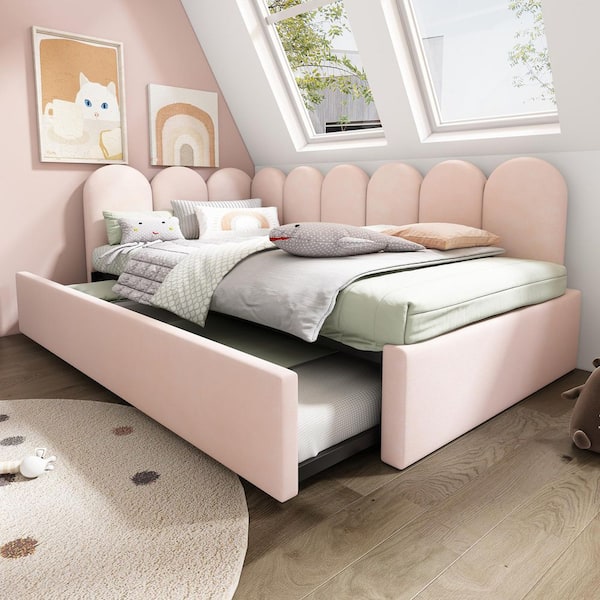 Pink Twin Size Velvet Upholstered Daybed with Metal Slatted Frame and Pull-Out Bed