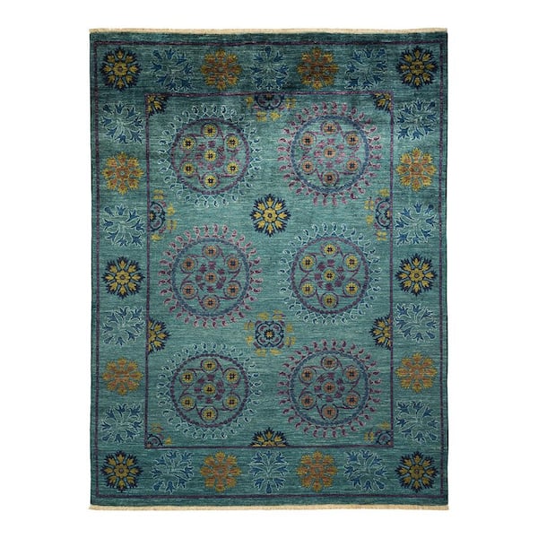 Solo Rugs Suzani One-of-a-Kind Contemporary Green 6 ft. 1 in. x 8 ft. 2 in. Floral Area Rug