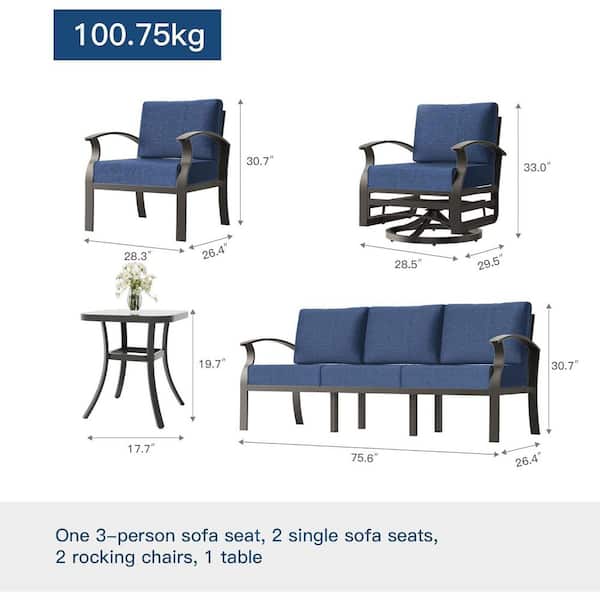 7-Piece Aluminum Patio Conversation Set with Armrest,Propane Fire Pit Table,Swivel Rocking Chairs and Cushion Navy Blue