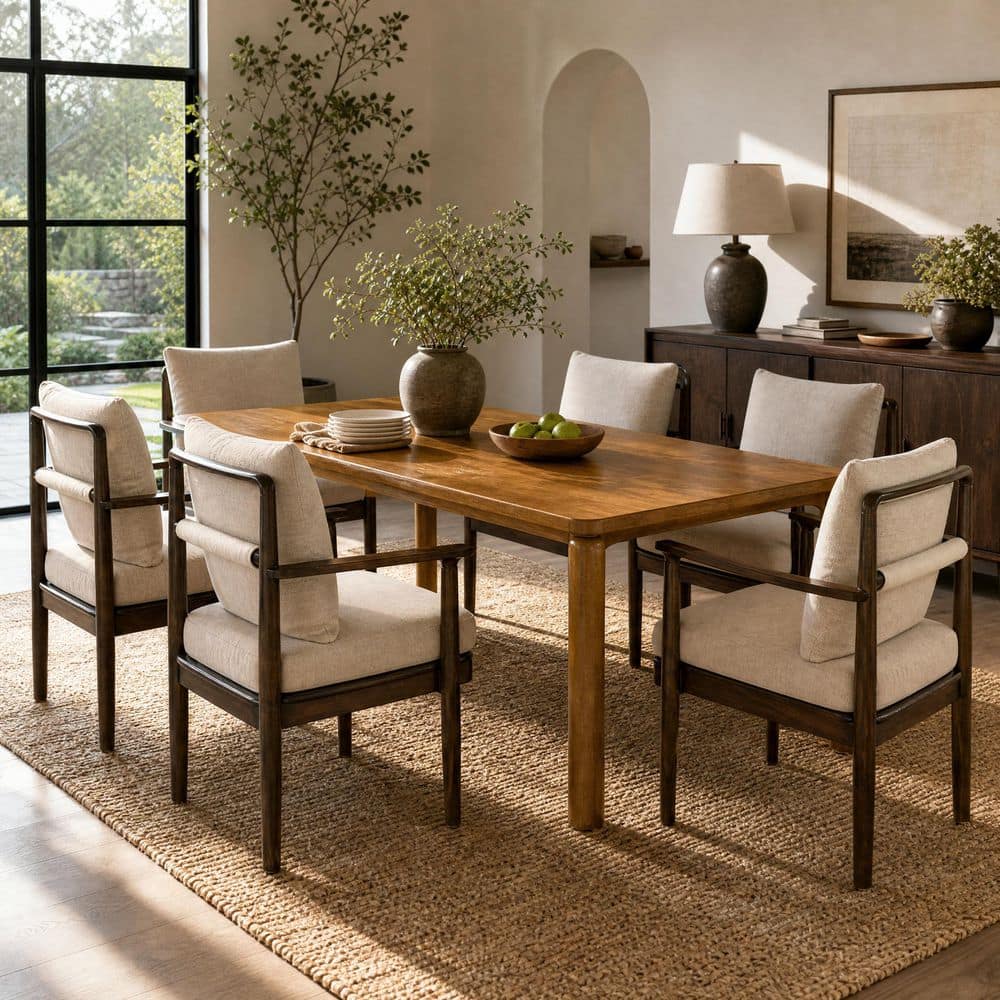 Modern 7-Piece Rectangular Walnut Wood MDF Top Dining Table Set with Beige Fabric Arm Chairs, Seats 6