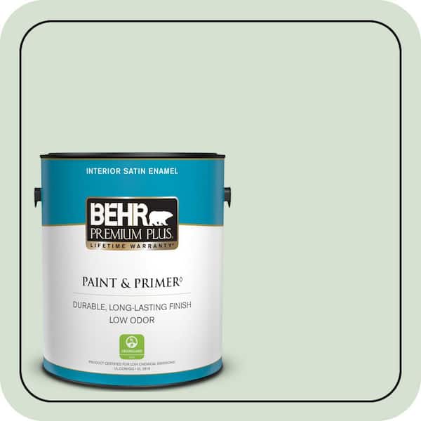 BEHR PREMIUM PLUS 1 gal. #S400-2 Comforting Green Satin Enamel Low Odor Interior Paint & Primer