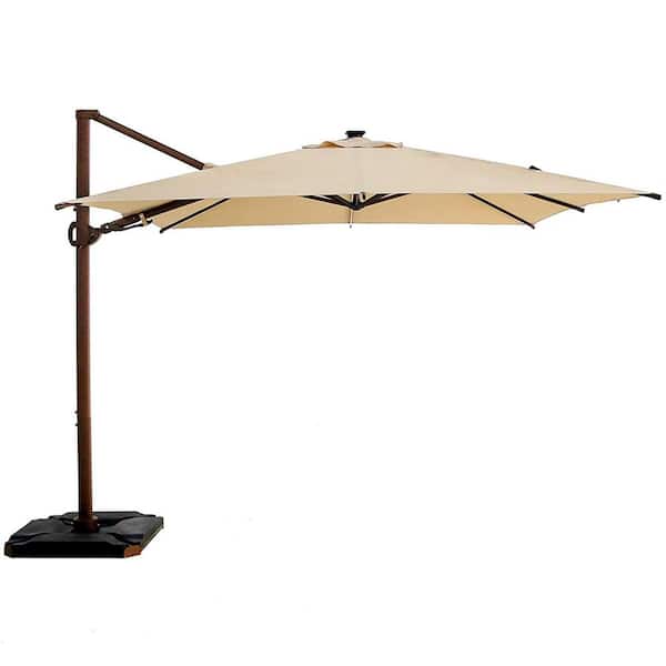 LAUREL CANYON 10 ft. x 10 ft. 360-Degree Rotating Aluminum Cantilever Solar Light Patio Umbrella with Base Weight in Beige