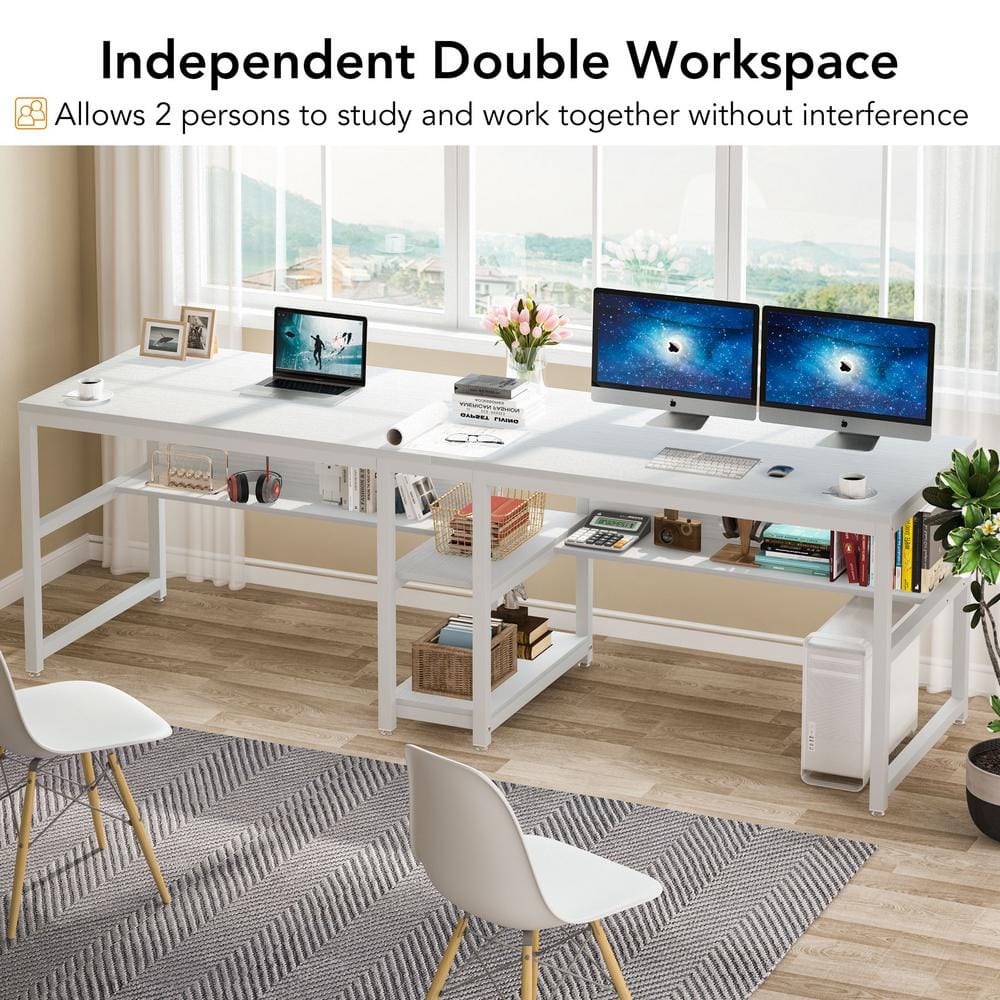 White Double Workstation Desk with Bookshelf and Storage Shelves