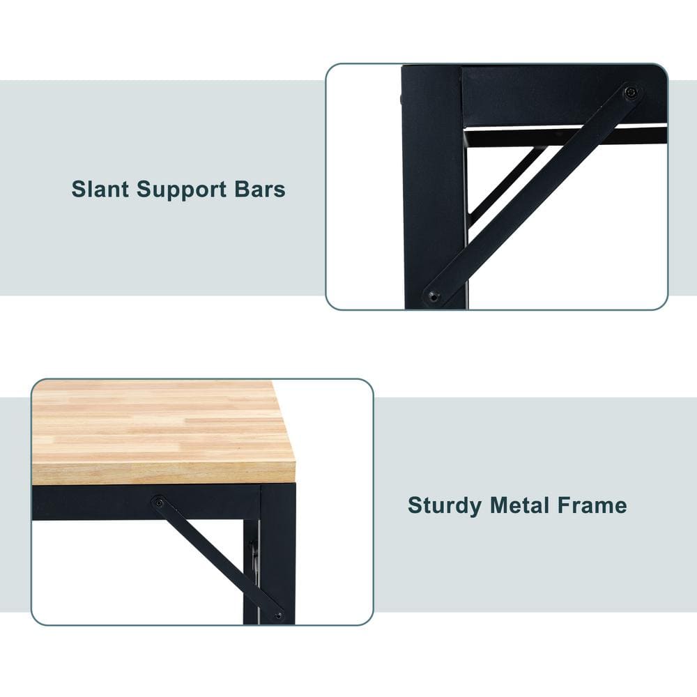48" Adjustable Height Black Steel Workbench with Rubberwood Top