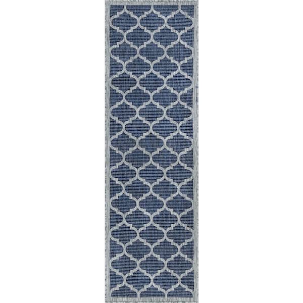 Tayse Rugs Veranda Geometric Navy 3 ft. x 8 ft. Indoor/Outdoor Runner