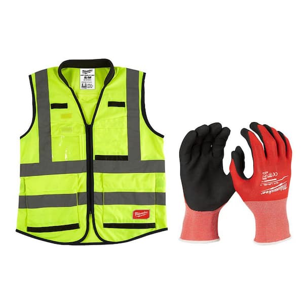 Milwaukee Premium Large/X-Large Yellow Class 2 High Vis Safety Vest and Large Red Nitrile Cut Level 1 Dipped Work Gloves