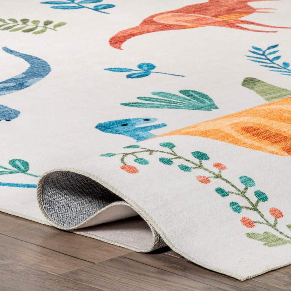 Eamon Dinosaur Graphic Multicolor Synthetic Kids Washable Area Rug