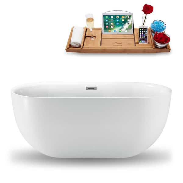 Streamline 59 in. Acrylic Flatbottom Non-Whirlpool Bathtub in Glossy White with Brushed Nickel Drain and Overflow Cover