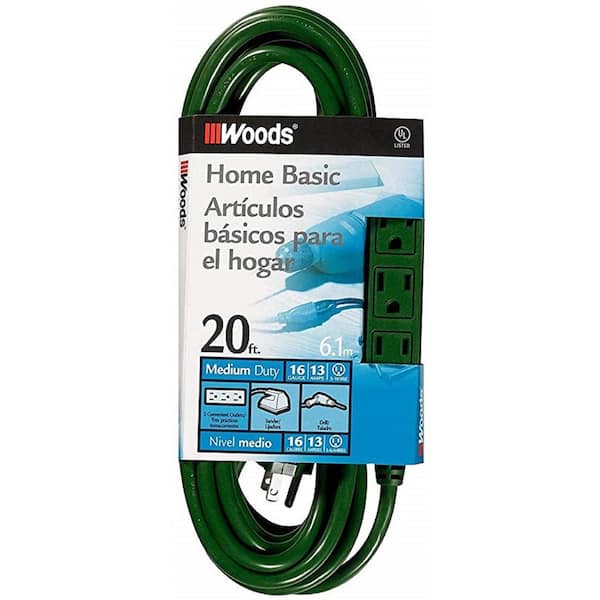 Woods 20 ft. Multi-Outlet (3) Extension Cord with Power Tap, Green 859 -  The Home Depot
