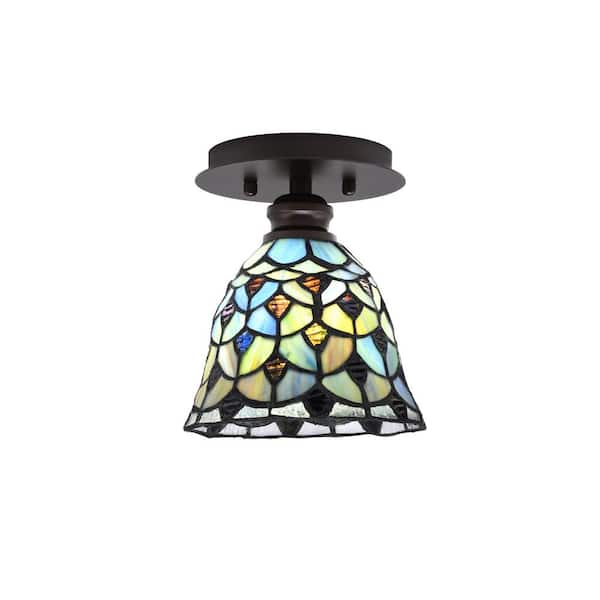 Unbranded Albany 1-Light 7 in. Espresso Semi-Flush with Crescent Art Glass Shade