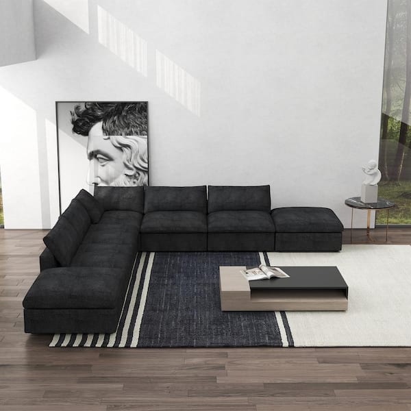 118 in. 7-Piece Square Arm 30% Linen Down Filled Rectangle Seperable L-Shape Corner Sectional Sofa Couch in Black