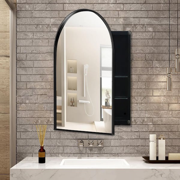 24 in. W x 36 in. H Matte Black Arched Metal Framed Recessed/Surface Mount Medicine Cabinet with Mirror